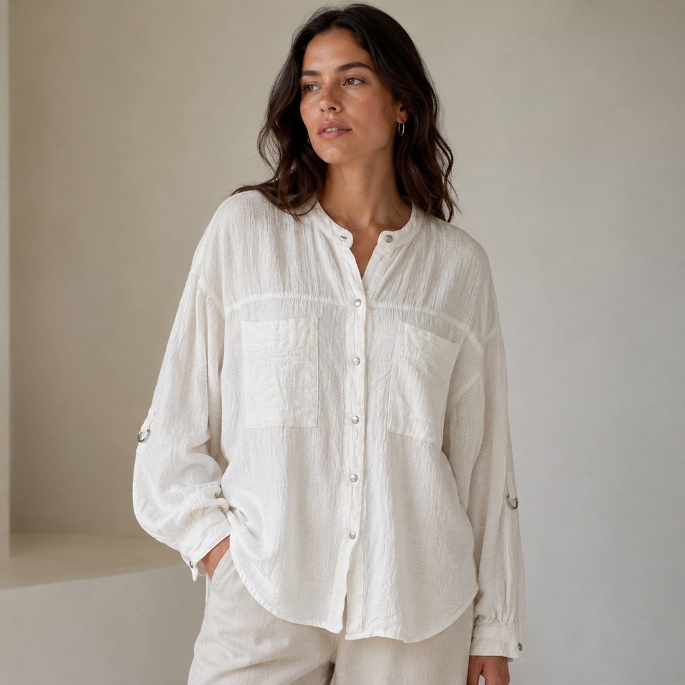 Wrap London Linen Cotton Gauze Shirt Size 10 White Roll Tab Sleeve Button Casual